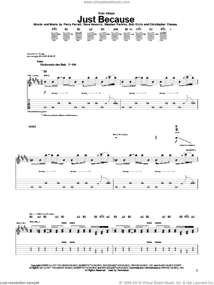 Just Because sheet music for guitar (tablature) by Jane's Addiction, Dave Navarro, Perry Farrell and Stephen Perkins, intermediate skill level