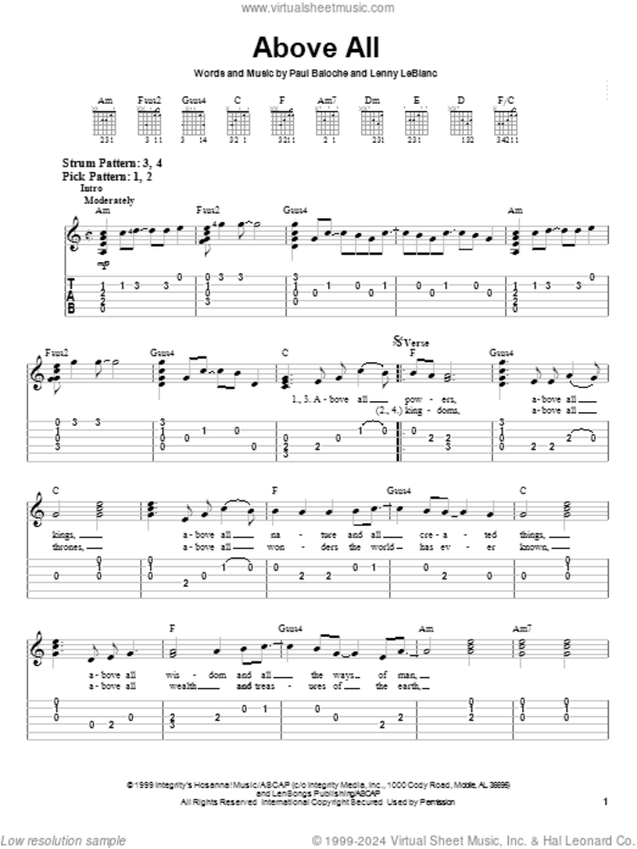 Above All sheet music for guitar solo (easy tablature) by Paul Baloche and Lenny LeBlanc, easy guitar (easy tablature)