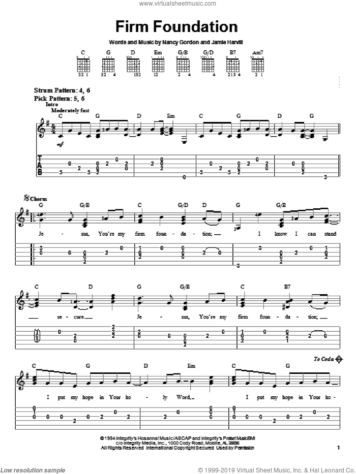 Firm Foundation sheet music for guitar solo (easy tablature) by Nancy Gordon and Jamie Harvill, easy guitar (easy tablature)