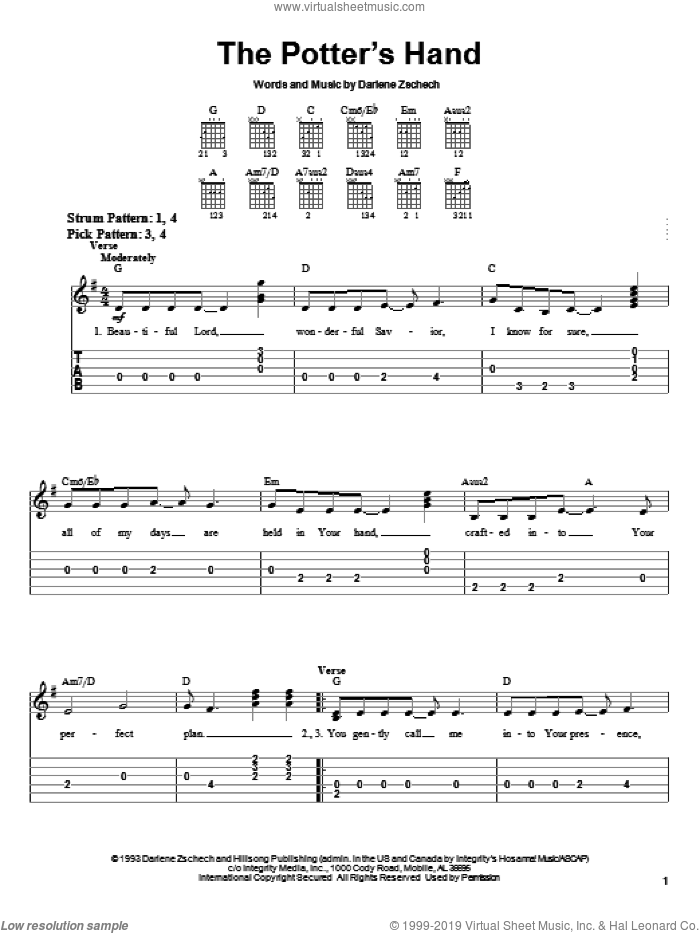 The Potter's Hand sheet music for guitar solo (easy tablature) by Darlene Zschech, easy guitar (easy tablature)
