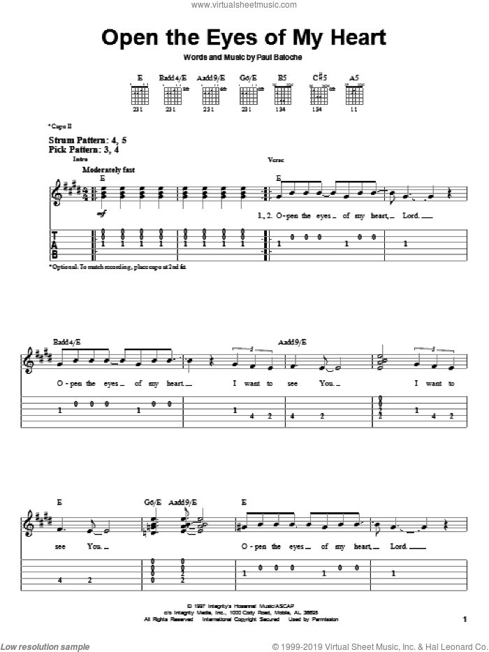 Open The Eyes Of My Heart sheet music for guitar solo (easy tablature) by Paul Baloche and Sonicflood, easy guitar (easy tablature)