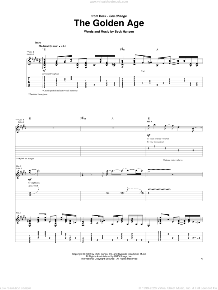 The Golden Age sheet music for guitar (tablature) by Beck Hansen, intermediate skill level