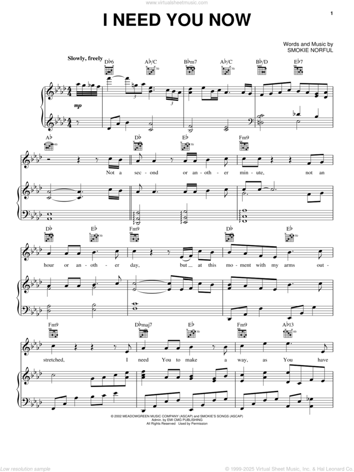 I Need You Now sheet music for voice, piano or guitar by Smokie Norful, intermediate skill level