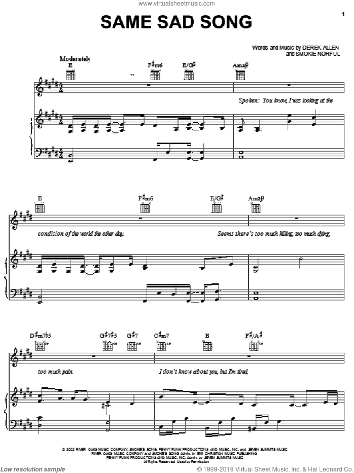 Same Sad Song sheet music for voice, piano or guitar by Smokie Norful and Derek Allen, intermediate skill level