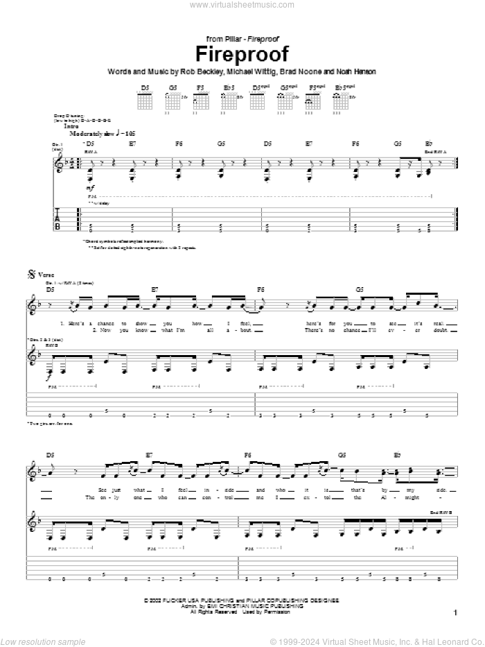 Fireproof sheet music for guitar (tablature) by Pillar, Brad Noone, Michael Wittig and Rob Beckley, intermediate skill level