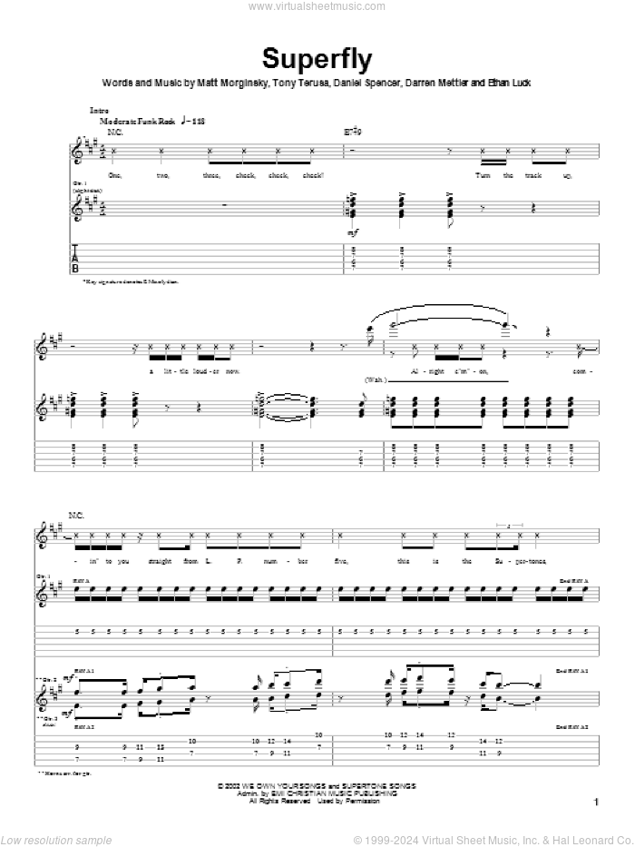 Superfly sheet music for guitar (tablature) by The O.C. Supertones, Darren Mettler, Matt Morginsky and Tony Terusa, intermediate skill level