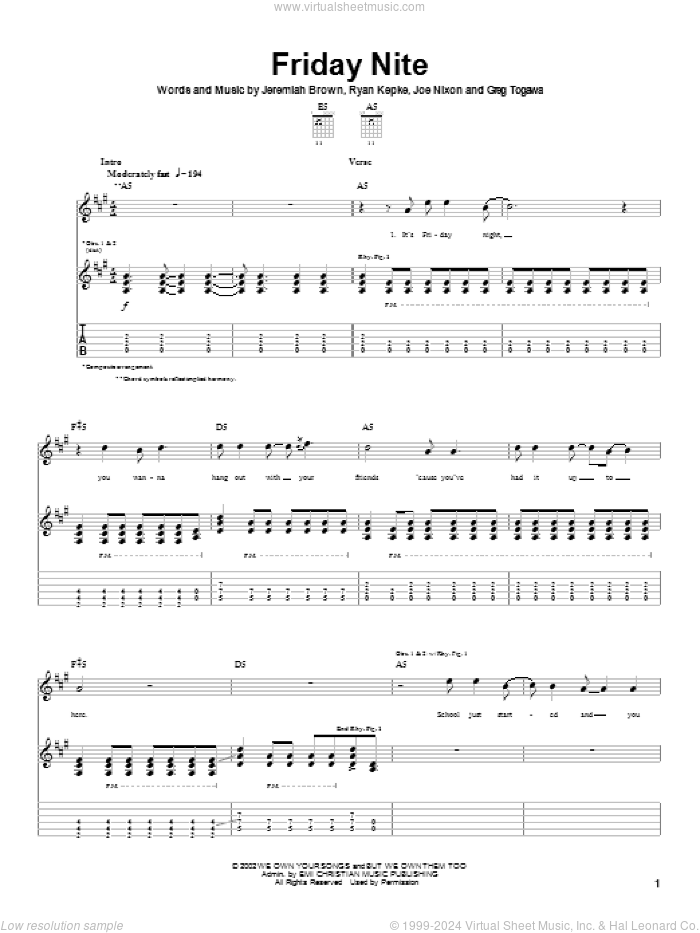 Friday Nite sheet music for guitar (tablature) by Slick Shoes, Jeremiah Brown, Joe Nixon and Ryan Kepke, intermediate skill level