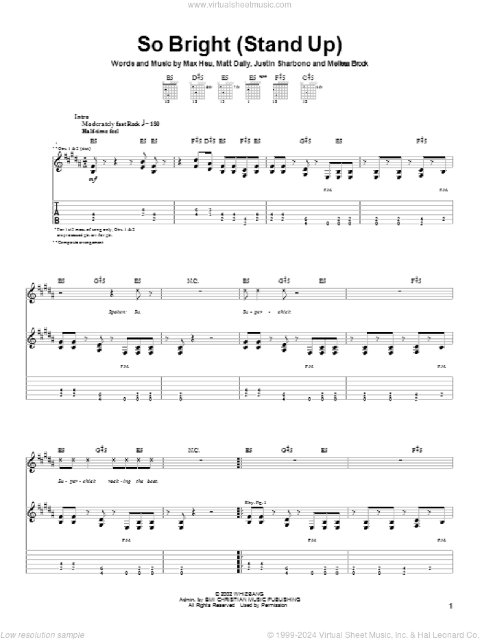 So Bright (Stand Up) sheet music for guitar (tablature) by Superchick, Justin Sharbono, Matt Dally and Max Hsu, intermediate skill level