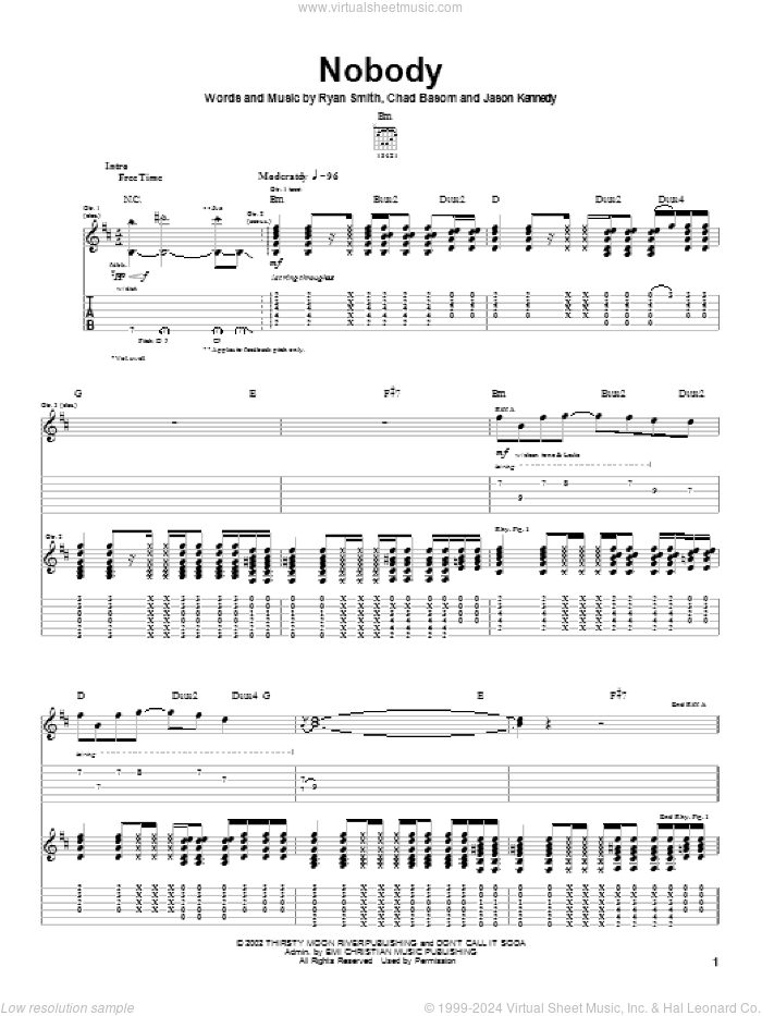 Nobody sheet music for guitar (tablature) by Cadet, Chad Basom, Jason Kennedy and Ryan Smith, intermediate skill level