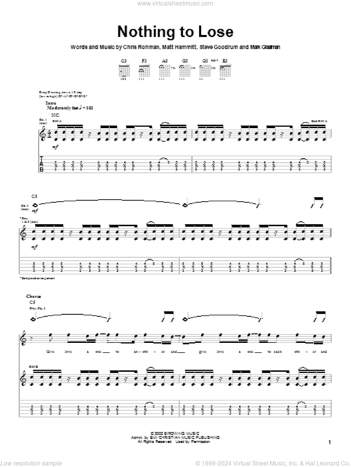 Nothing To Lose sheet music for guitar (tablature) by Sanctus Real, Chris Rohman, Matt Hammitt and Steve Goodrum, intermediate skill level