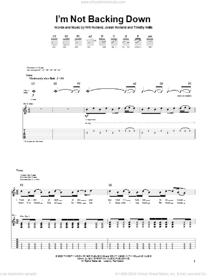 I'm Not Backing Down sheet music for guitar (tablature) by Holland, Josiah Holland, Timothy Watts and Will Holland, intermediate skill level