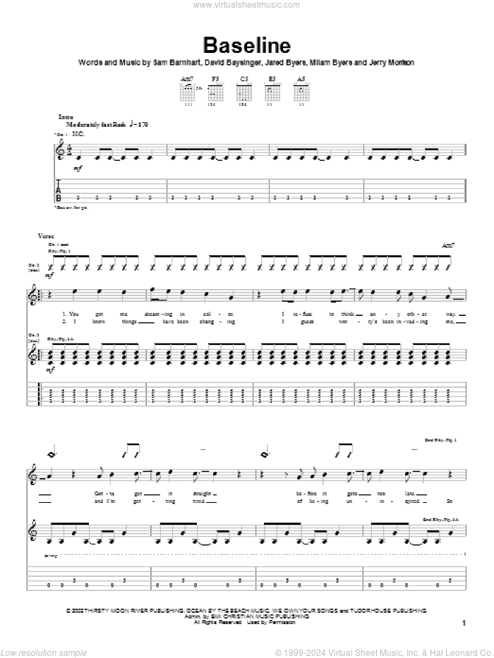 Baseline sheet music for guitar (tablature) by Bleach, David Baysinger, Jared Byers and Sam Barnhart, intermediate skill level