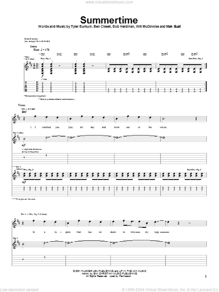 Summertime sheet music for guitar (tablature) by Audio Adrenaline, Ben Cissell, Bob Herdman and Tyler Burkum, intermediate skill level
