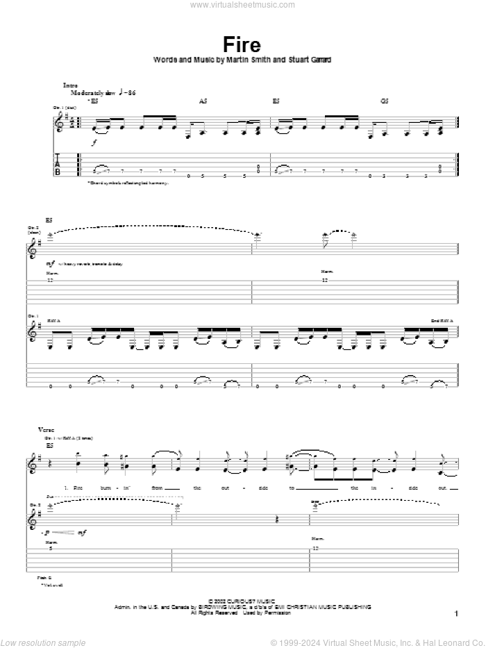 Fire sheet music for guitar (tablature) by Delirious?, Martin Smith and Stuart Garrard, intermediate skill level