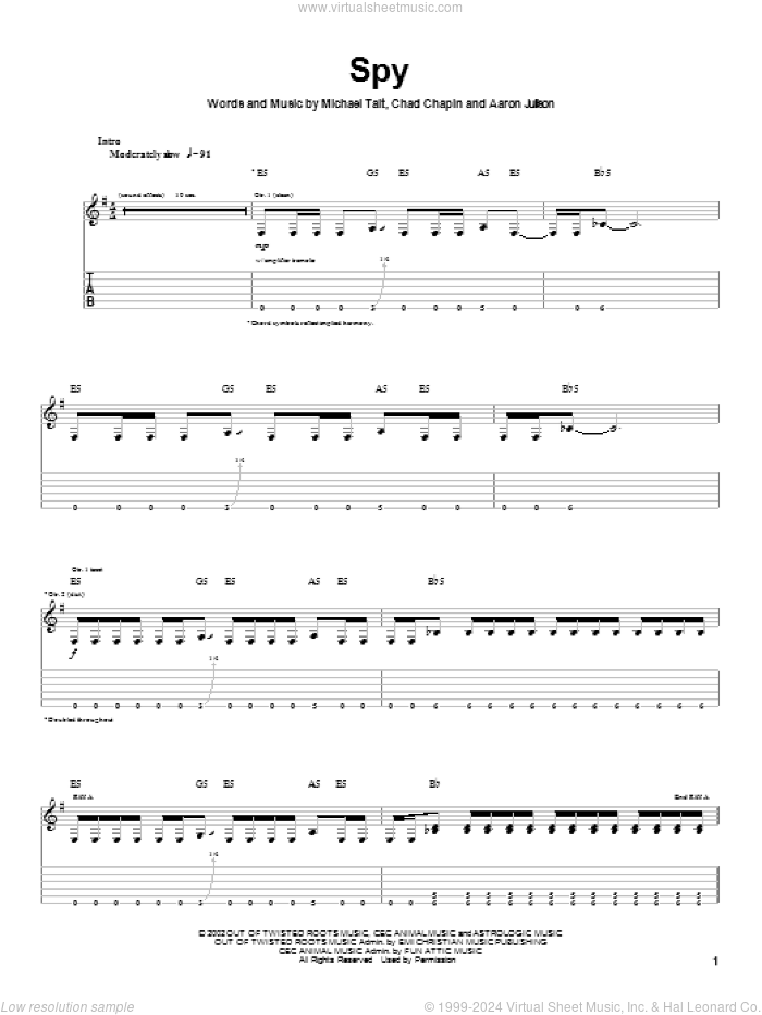 Spy sheet music for guitar (tablature) by Tait, Aaron Julison, Chad Chapin and Michael Tait, intermediate skill level