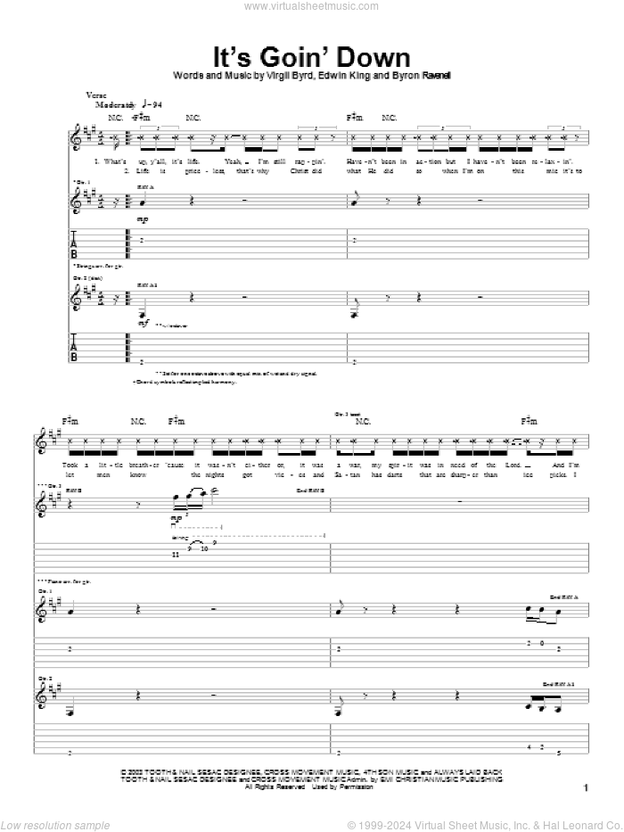 It's Goin' Down sheet music for guitar (tablature) by The Cross Movement, Byron Ravanell, Edwin King and Virgil Byrd, intermediate skill level