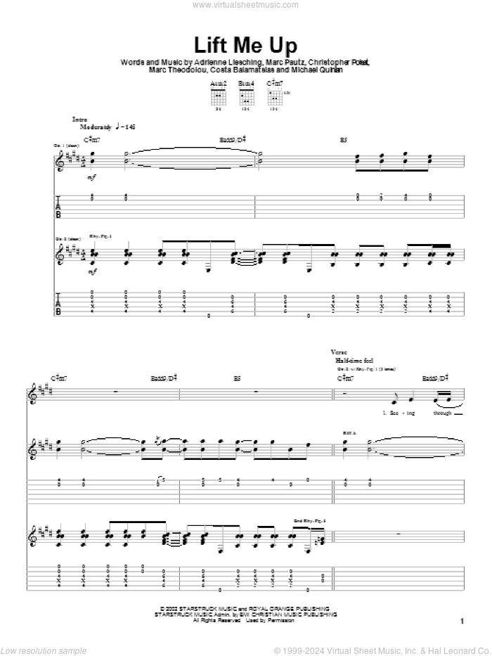 Lift Me Up sheet music for guitar (tablature) by The Benjamin Gate, Adrienne Liesching, Christopher Poisat and Marc Pautz, intermediate skill level