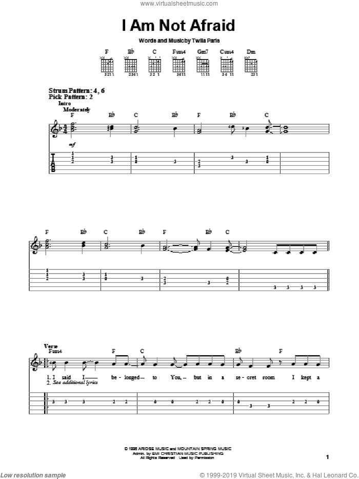 I Am Not Afraid sheet music for guitar solo (chords) by Twila Paris, easy guitar (chords)