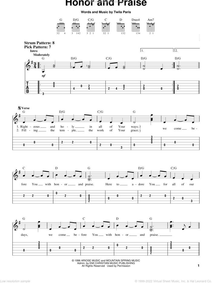 Honor And Praise sheet music for guitar solo (chords) by Twila Paris, easy guitar (chords)