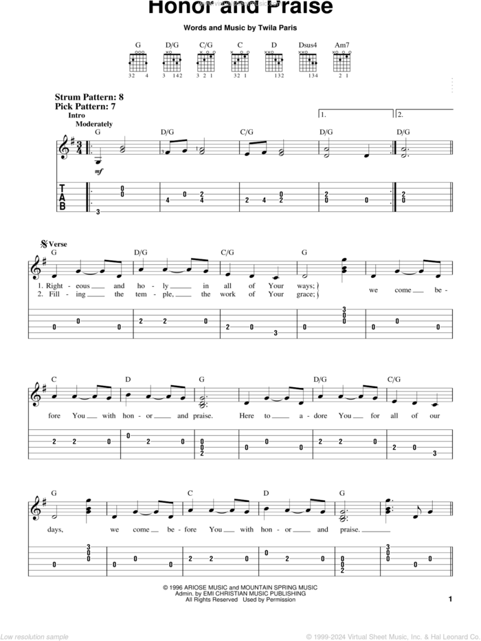 Honor And Praise sheet music for guitar solo (chords) by Twila Paris, easy guitar (chords)