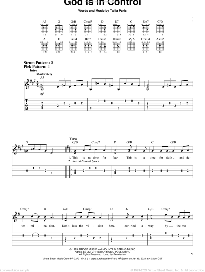 God Is In Control sheet music for guitar solo (chords) by Twila Paris, easy guitar (chords)