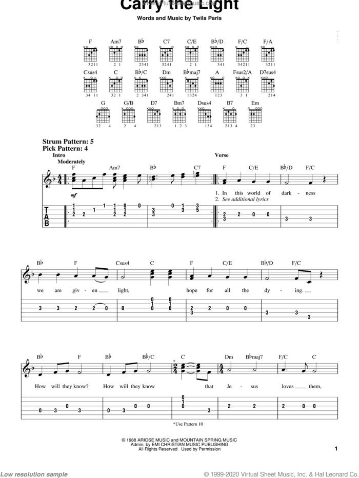 Carry The Light sheet music for guitar solo (chords) by Twila Paris, easy guitar (chords)
