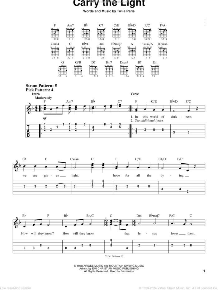 Carry The Light sheet music for guitar solo (chords) by Twila Paris, easy guitar (chords)