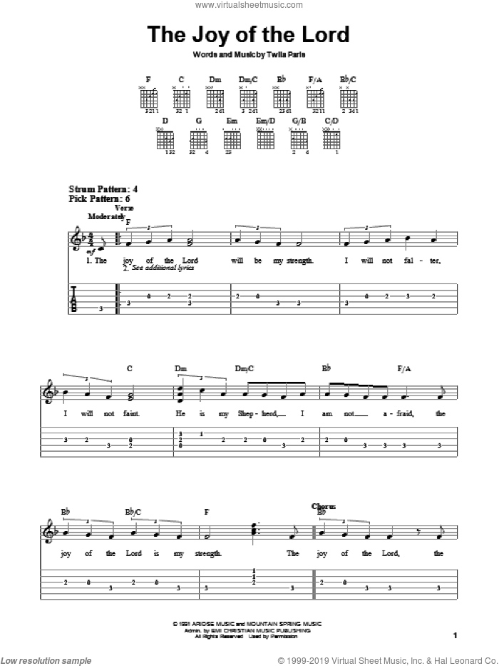 The Joy Of The Lord sheet music for guitar solo (chords) by Twila Paris, easy guitar (chords)