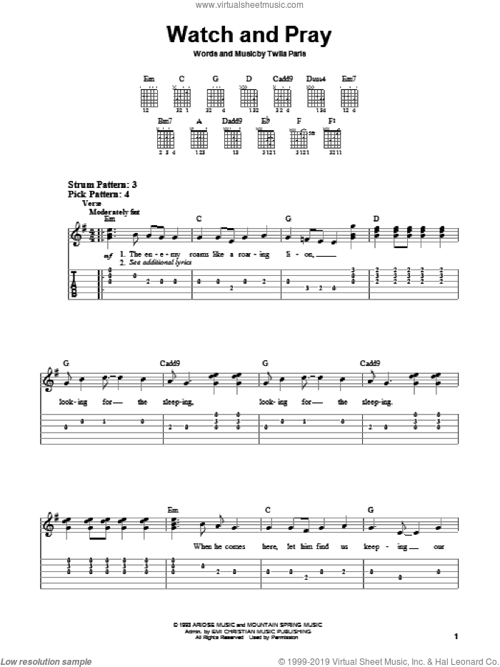 Watch And Pray sheet music for guitar solo (chords) by Twila Paris, easy guitar (chords)