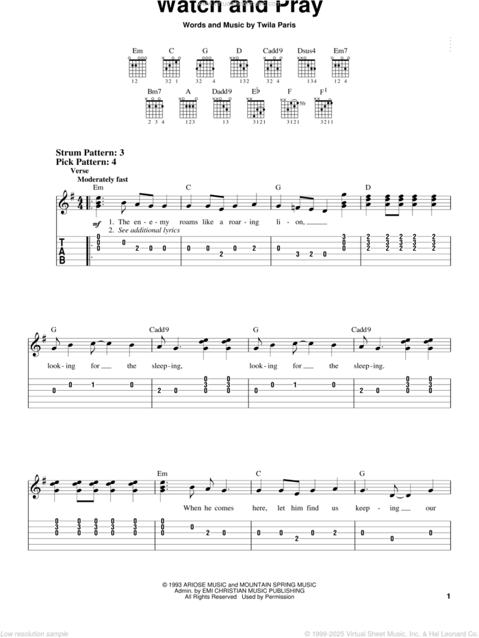 Watch And Pray sheet music for guitar solo (chords) by Twila Paris, easy guitar (chords)