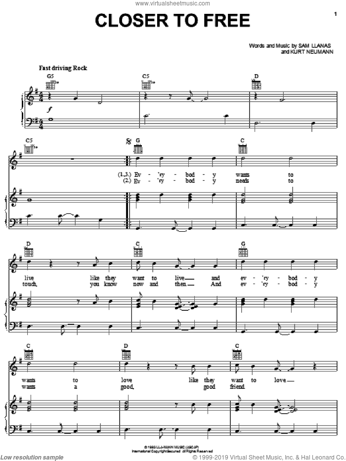 Closer To Free sheet music for voice, piano or guitar by BoDeans, Kurt Neumann and Sam Llanas, intermediate skill level