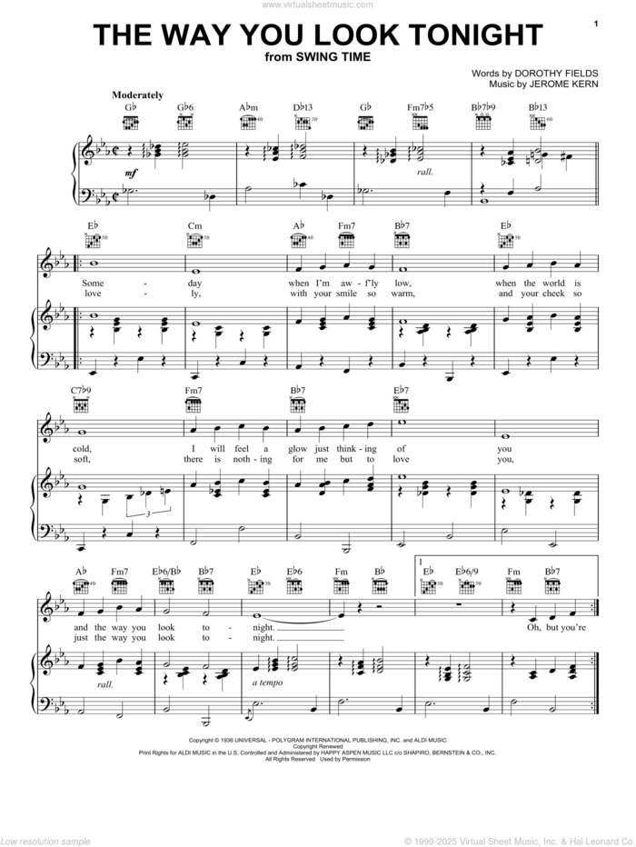 The Way You Look Tonight sheet music for voice, piano or guitar by Frank Sinatra, Bing Crosby, Michael Buble, Rod Stewart, Dorothy Fields and Jerome Kern, wedding score, intermediate skill level