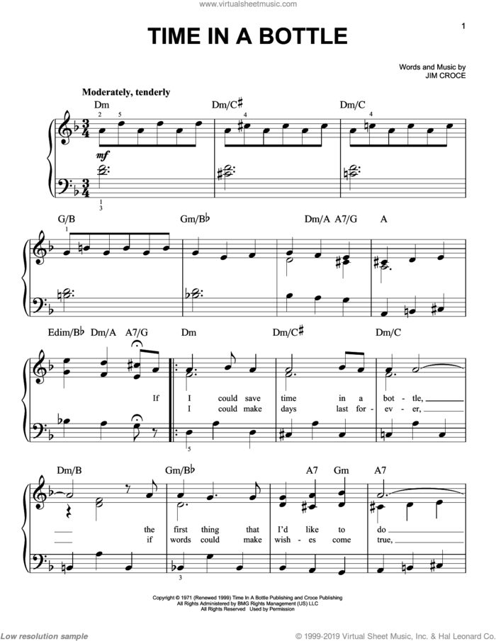 Time In A Bottle sheet music for piano solo by Jim Croce, easy skill level