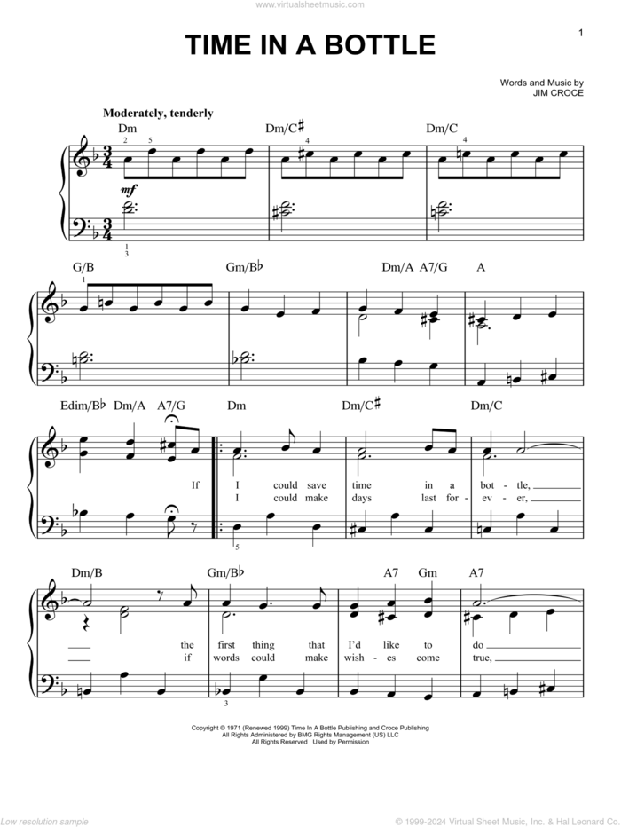 Time In A Bottle, (easy) sheet music for piano solo by Jim Croce, easy skill level