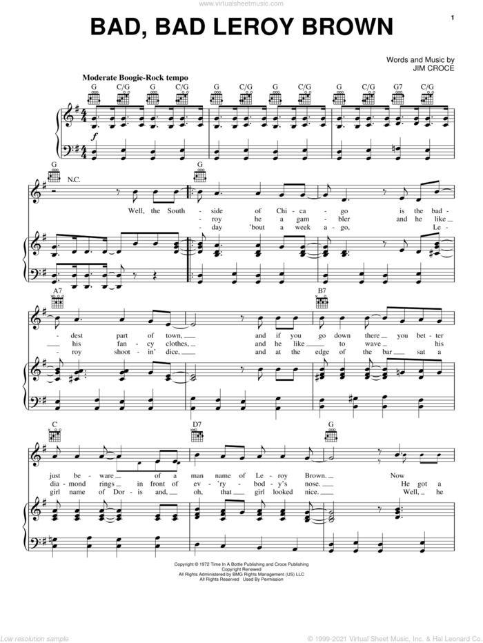 Bad, Bad Leroy Brown sheet music for voice, piano or guitar by Jim Croce and Frank Sinatra, intermediate skill level