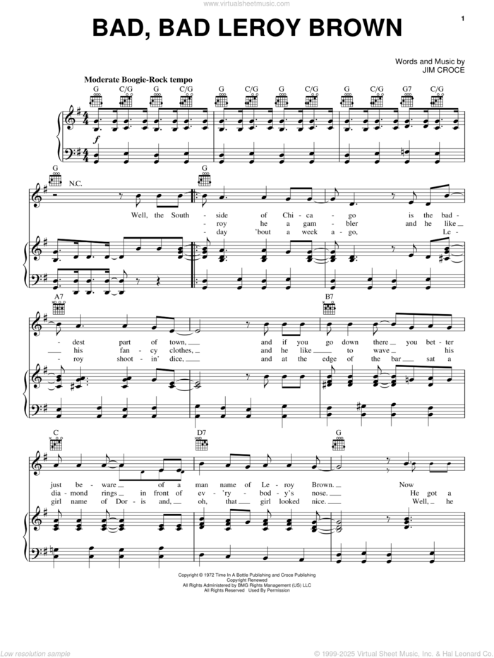 Bad, Bad Leroy Brown sheet music for voice, piano or guitar by Jim Croce and Frank Sinatra, intermediate skill level