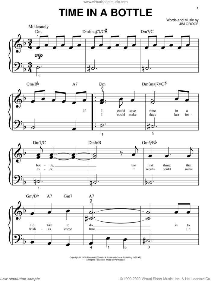 Time In A Bottle sheet music for piano solo (big note book) by Jim Croce, easy piano (big note book)