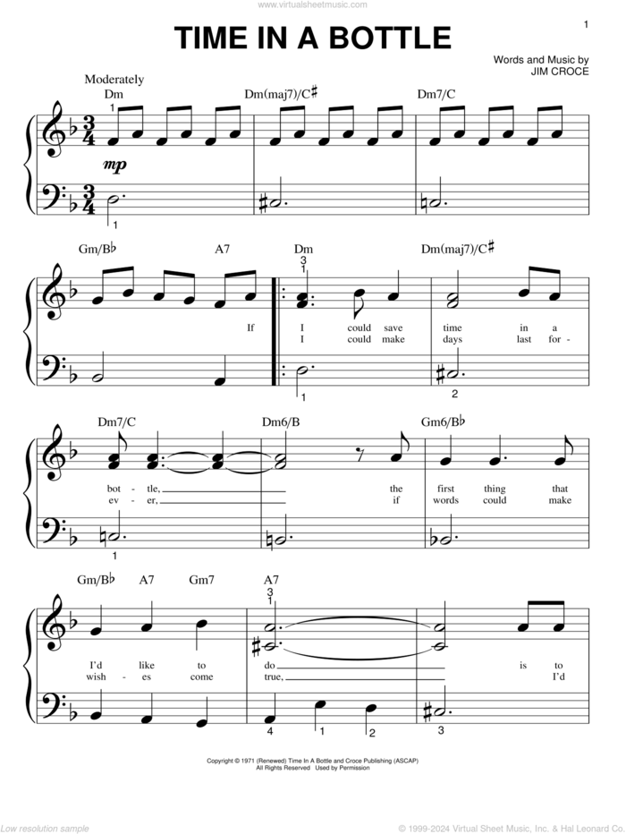 Time In A Bottle sheet music for piano solo (big note book) by Jim Croce, easy piano (big note book)