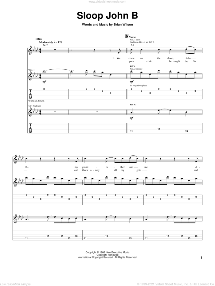 Sloop John B sheet music for guitar (tablature) by The Beach Boys and Brian Wilson, intermediate skill level