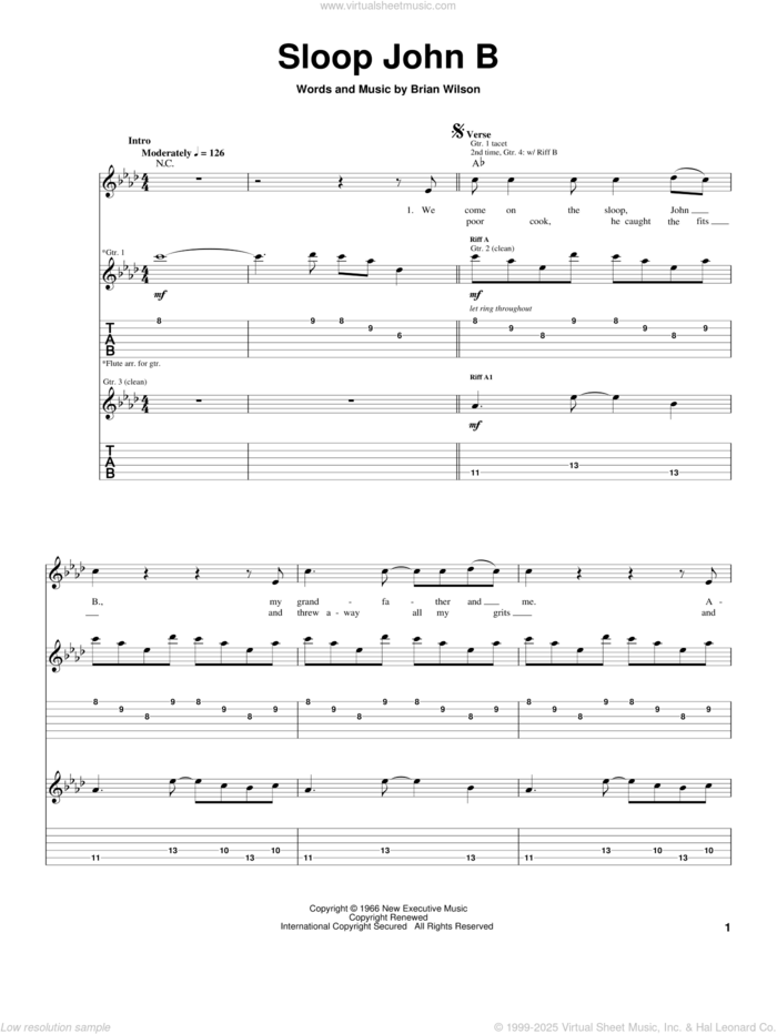 Sloop John B sheet music for guitar (tablature) by The Beach Boys and Brian Wilson, intermediate skill level