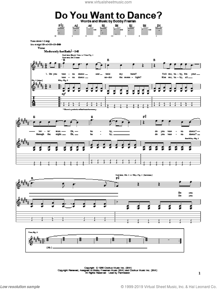 Do You Want To Dance? sheet music for guitar (tablature) by The Beach Boys, Bette Midler and Bobby Freeman, intermediate skill level