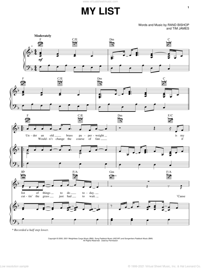 My List sheet music for voice, piano or guitar by Toby Keith, Rand Bishop and Tim James, intermediate skill level