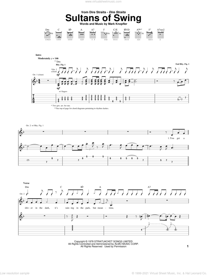 Sultans Of Swing sheet music for guitar (tablature) by Dire Straits and Mark Knopfler, intermediate skill level