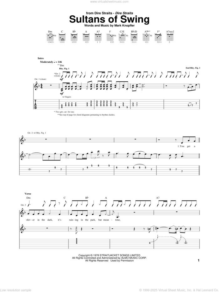 Sultans Of Swing sheet music for guitar (tablature) by Dire Straits and Mark Knopfler, intermediate skill level