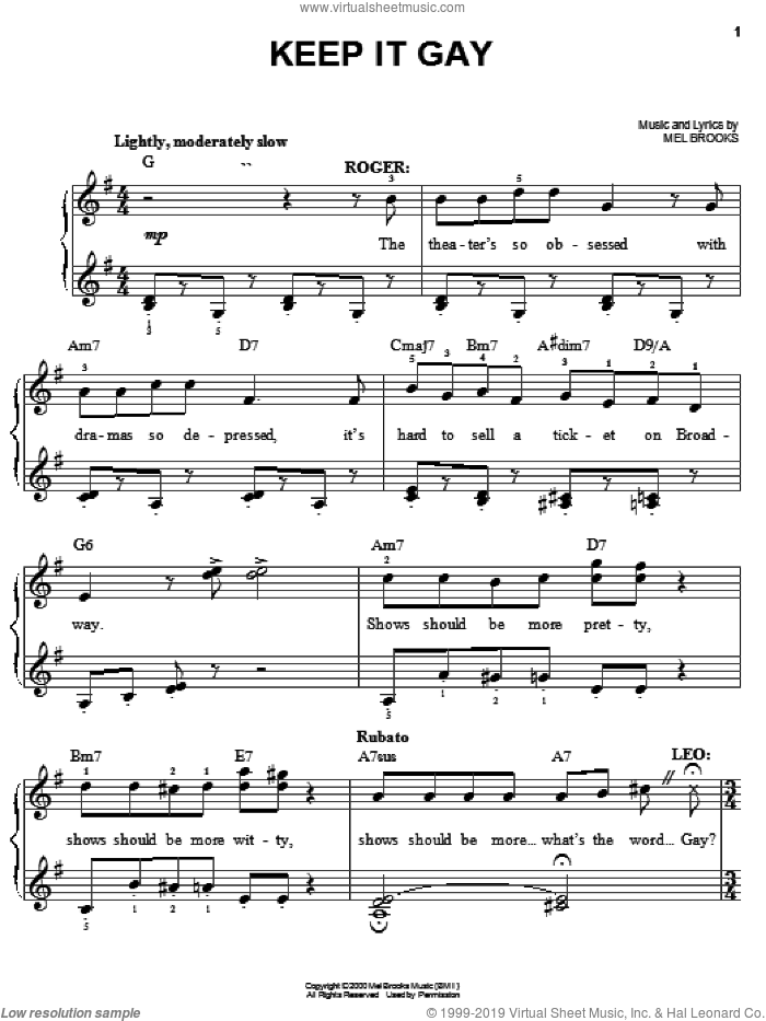 Keep It Gay sheet music for piano solo by Mel Brooks and The Producers (Musical), easy skill level