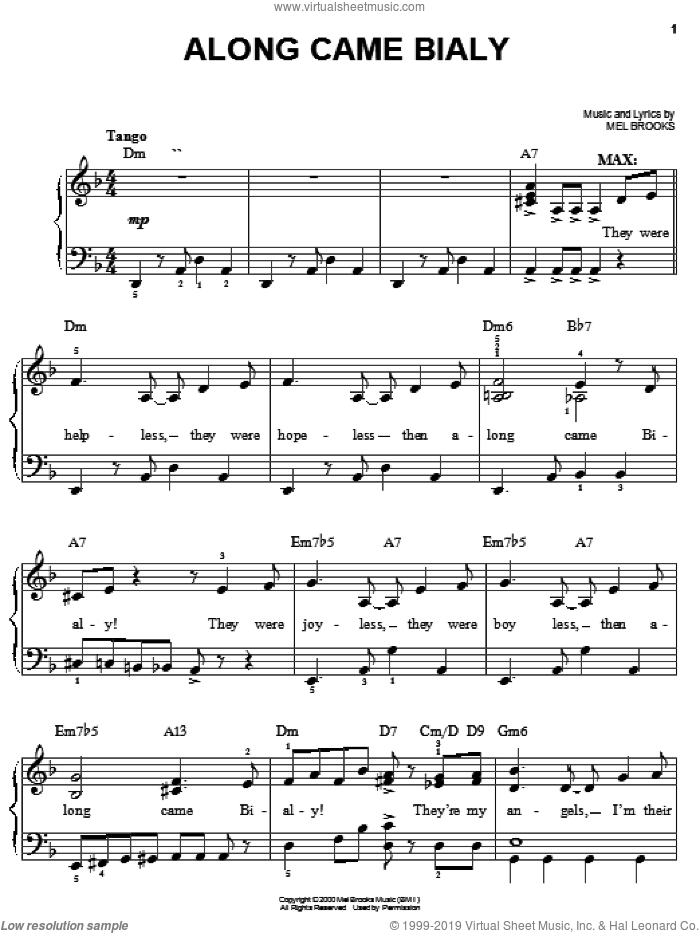 Along Came Bialy sheet music for piano solo by Mel Brooks and The Producers (Musical), easy skill level