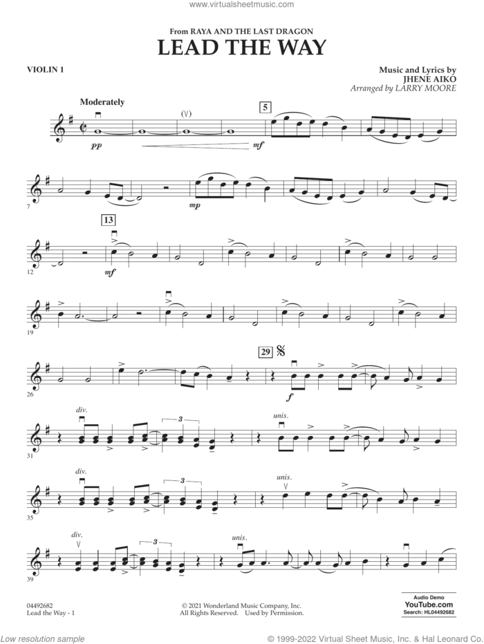 Lead The Way (arr. Larry Moore) sheet music for orchestra (violin 1) by Jhene Aiko and Larry Moore, intermediate skill level