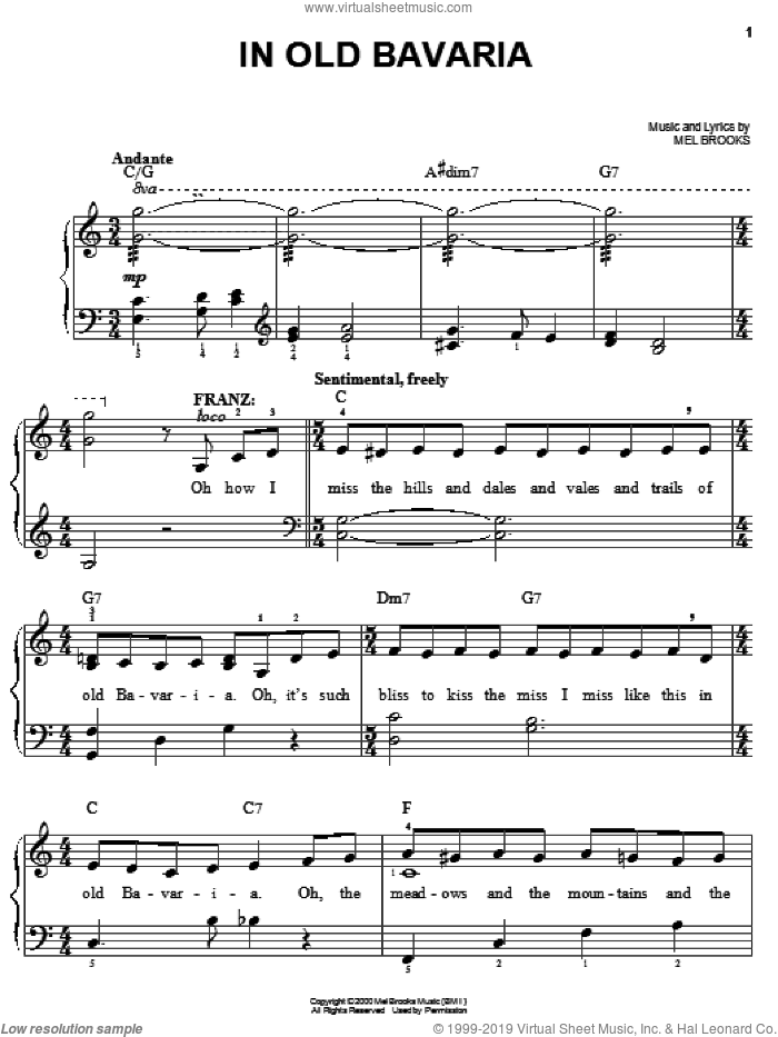 In Old Bavaria sheet music for piano solo by Mel Brooks and The Producers (Musical), easy skill level