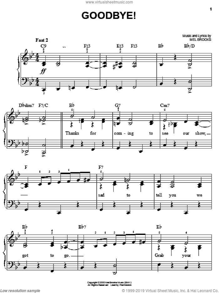 Goodbye! sheet music for piano solo by Mel Brooks and The Producers (Musical), easy skill level