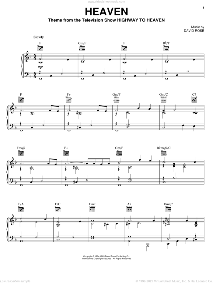 Heaven sheet music for piano solo by David Rose, intermediate skill level